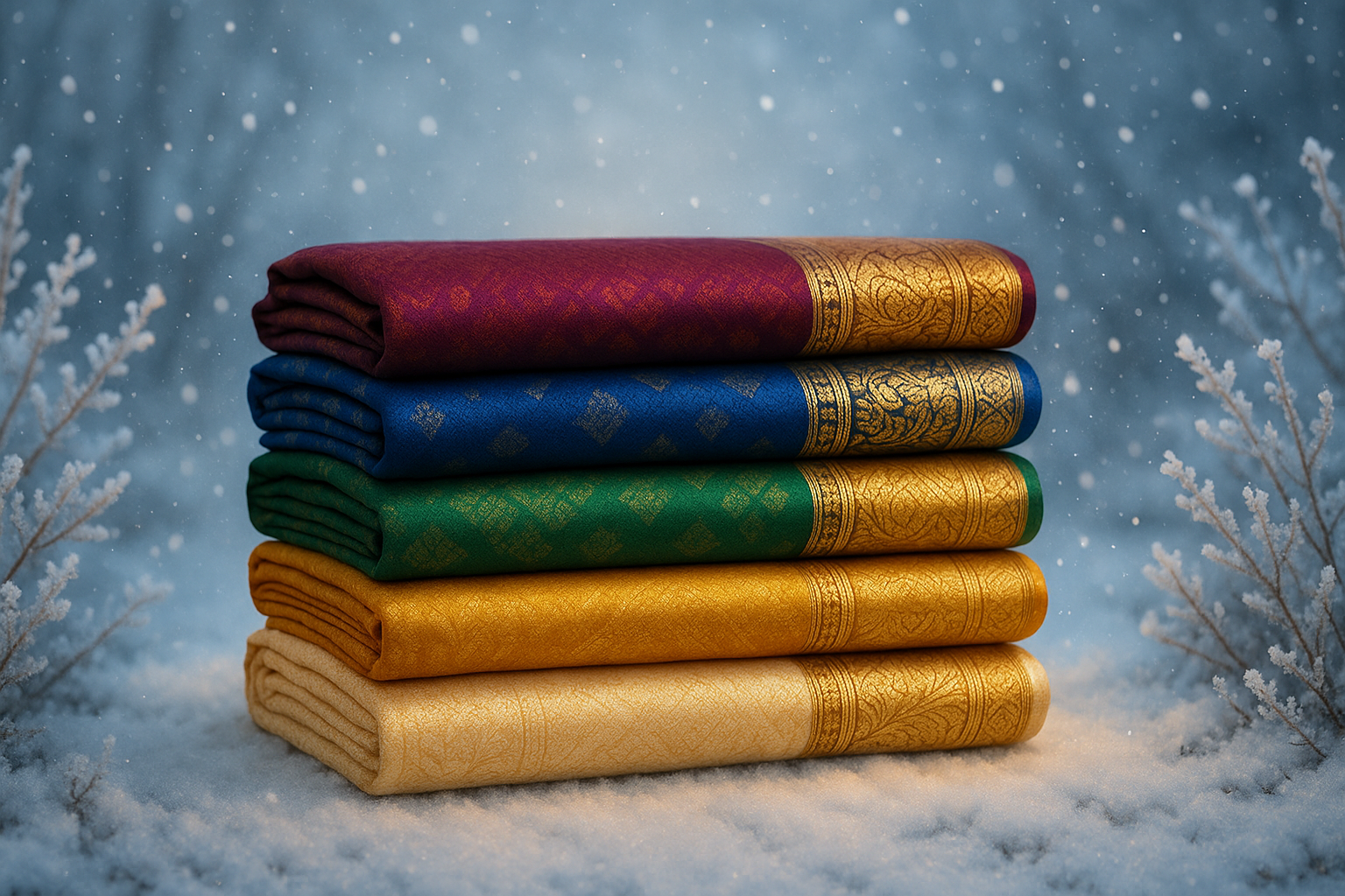 A collection of sarees stacked and a winter background