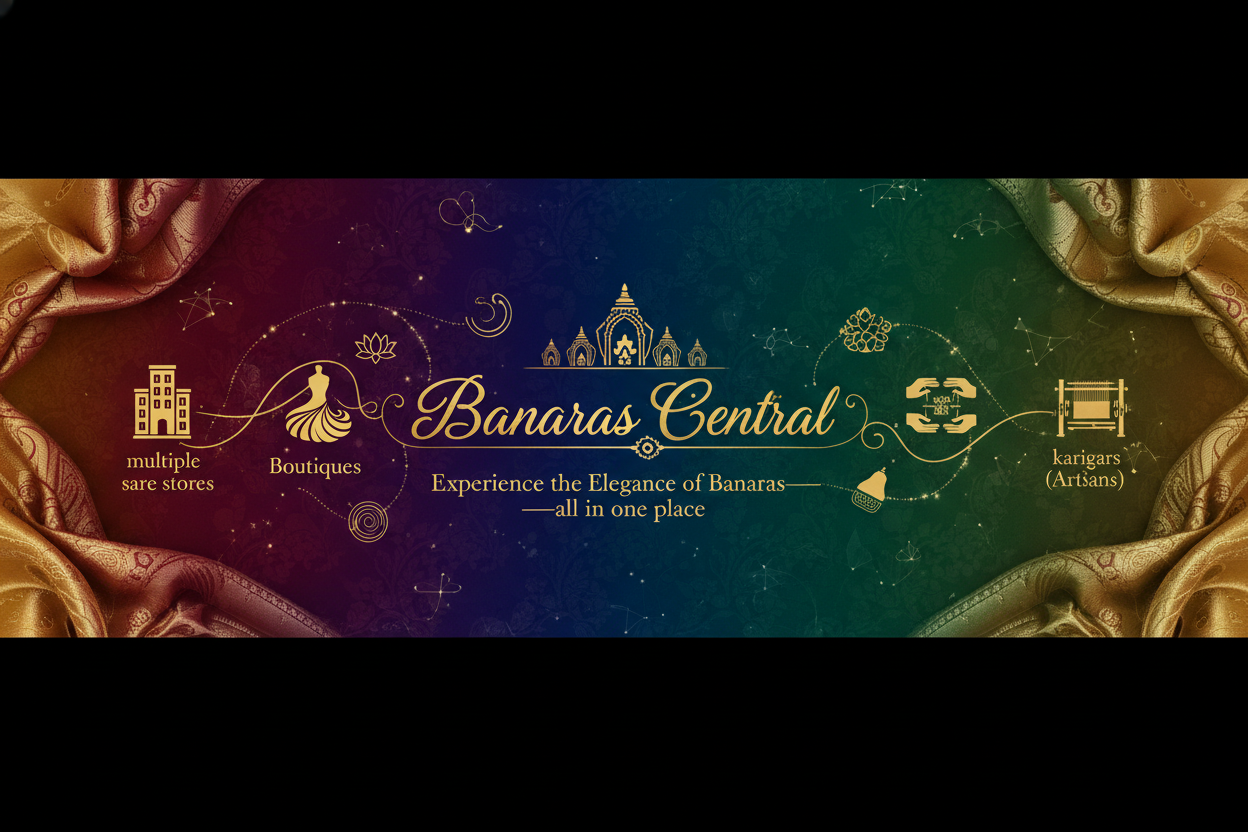 Genrate a slideshow banner image brand name : Banaras central ; now in that image show what the cusotmer will get in the website : i.e direct multiple saree store, boutiques, karigars , show the essnece of marketplace also use premium background and tagline : Experience the Elegance of Banaras—all in one place.